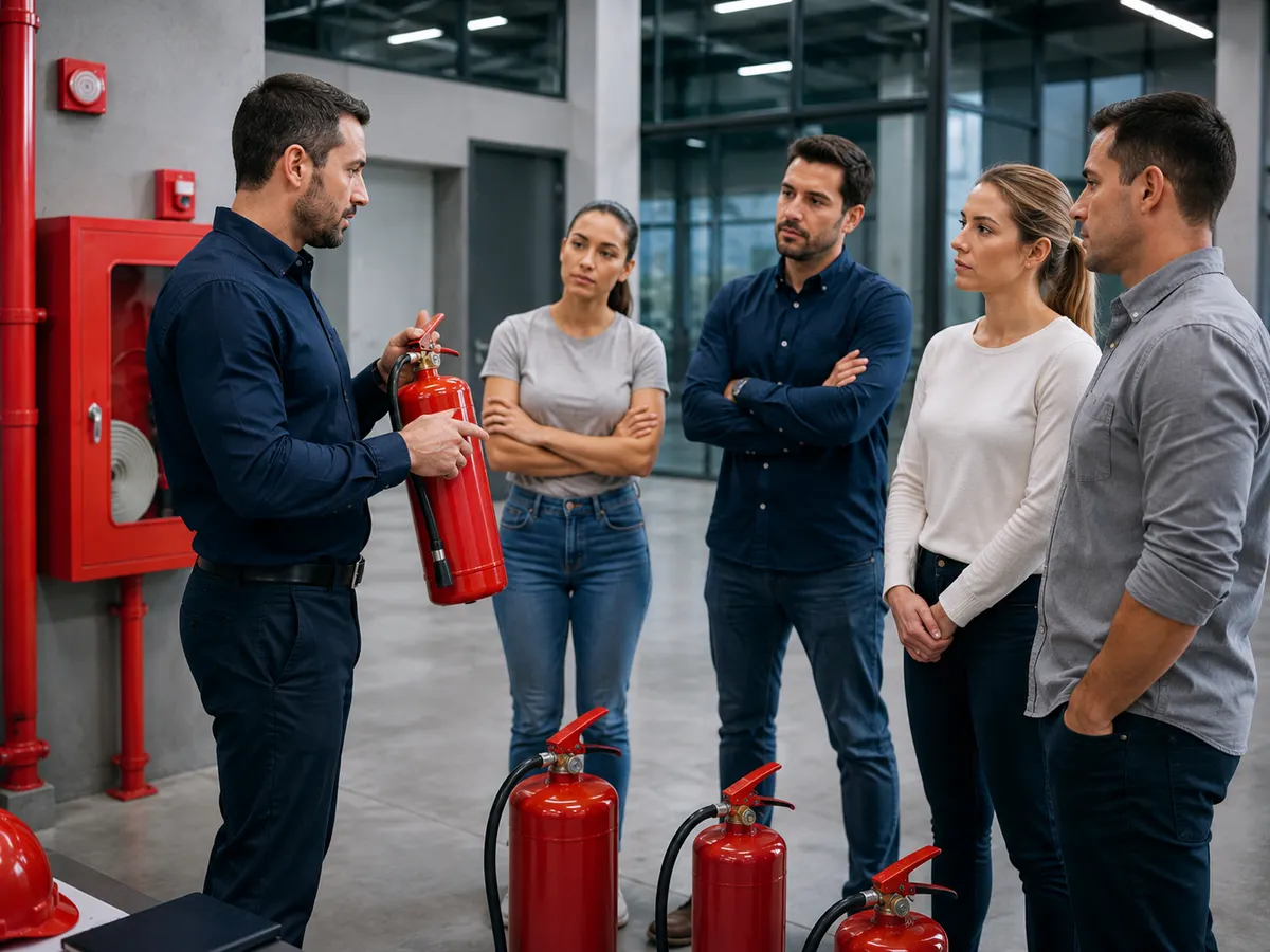 Equipe em treinamento de brigada de incêndio