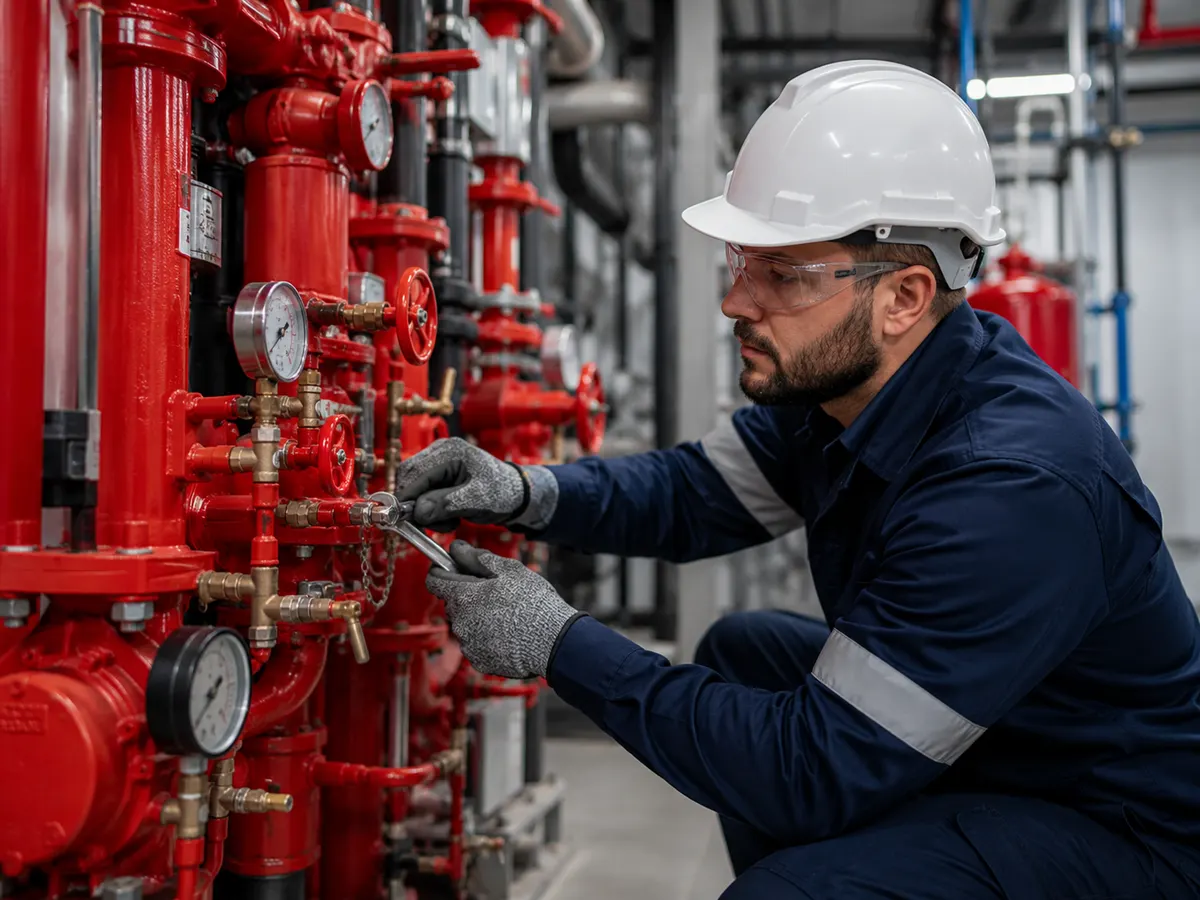 Técnico realizando manutenção em sistema de combate a incêndio